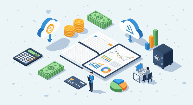 Financial data management concept with isometric elements showcasing online banking, investment analysis, secure transactions, and cloud technology for business growth