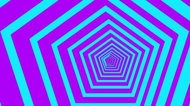 Hypnotic purple and cyan pentagonal tunnel motion background, infinite geometric zoom effect abstract