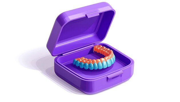 Colorful Dental Retainer Inside Purple Storage Case for Daily Oral Hygiene Care and Orthodontic Maintenance Concept