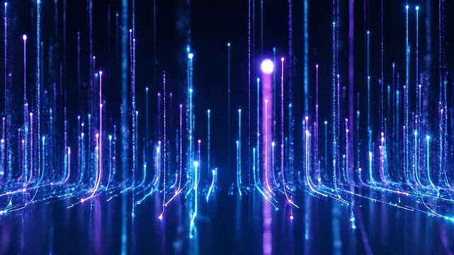 Abstract blue and purple glowing lines ascend against a dark background