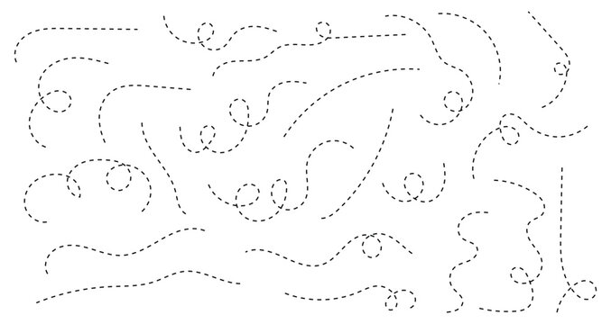 Spiral dotted line hand drawn. Curved dotted line, Path travel dotted line trip dashed trace destination. Dotted spiral curve line. Hand Sketched Curly Border.