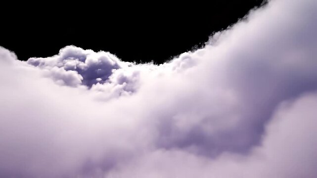 Serene flight through soft, ethereal clouds with a gentle purple hue