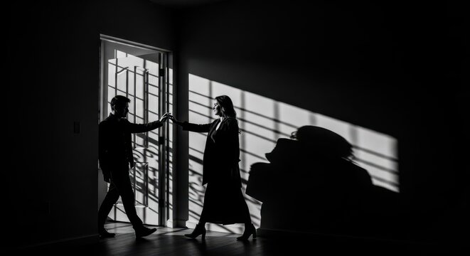 Romantic Couple Silhouette Dancing Near Lighted Doorway