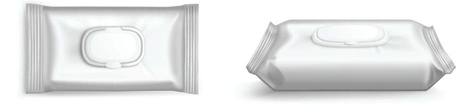 Baby wipes or antibacterial wet tissue flow pack mockup design elements vector