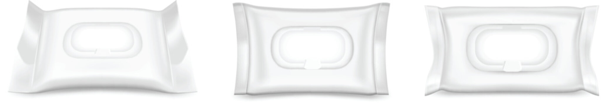 Blank white wet tissue packaging pouch template from side and top view vector