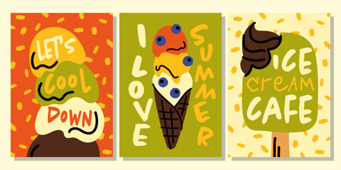 Fototapeta premium Vibrant set of three ice cream themed posters with catchy phrases like Let's Cool Down and I Love Summer