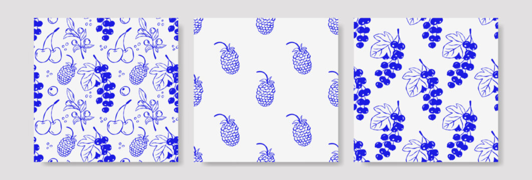 Three seamless patterns with stylized blue grape clusters on white backgrounds