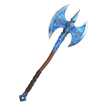 Double-bladed battle axe with blue lightning effects isolated on a transparent background
