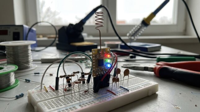 Wireless signal emitter unit with glowing LEDs on a prototype breadboard, showcasing electronic components and connections.