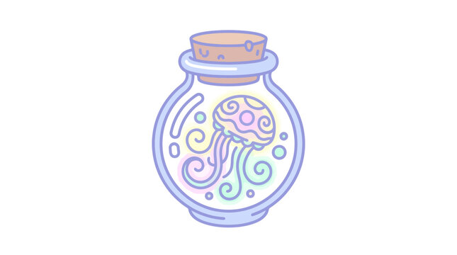 Cute cartoon jellyfish in a magic potion bottle