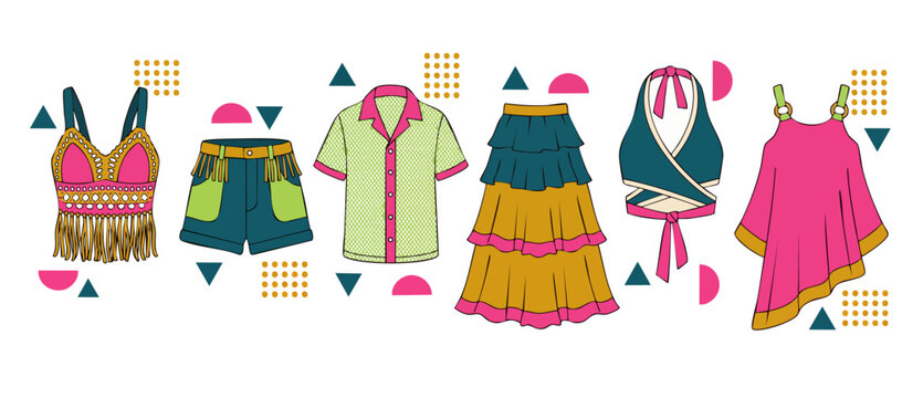 Summer fashion vector clothes set of festival apparel and boho chic outfits featuring crochet crop top, fringe shorts, tiered maxi skirt, button up shirt, and halter tops on white geometric background