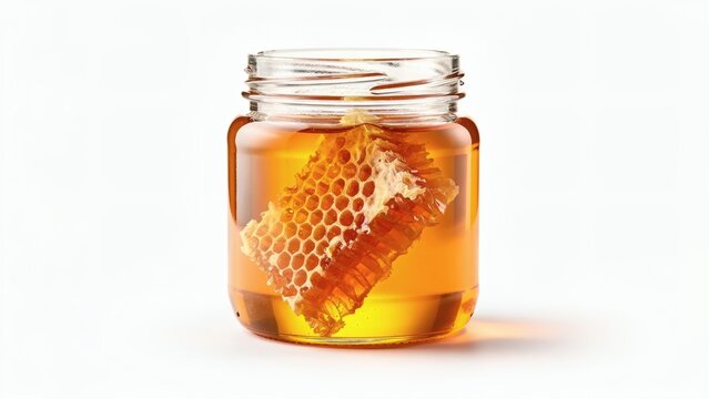 A glass jar filled with honey and a honeycomb on a plain surface