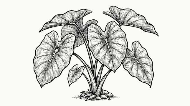Vintage botanical illustration of a taro elephant ear plant with large heart shaped leaves.
