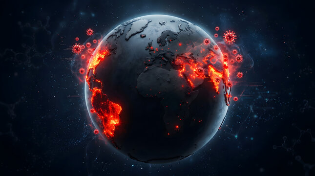 Massive Global Outbreak Map Displayed on 3D Earth Globe with Red Glowing Infected Areas