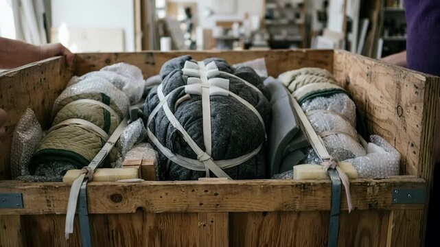 Focused shot of intricate art sculptures wrapped in protective blankets inside a shipping crate showcasing secure coverage while out of focus background.