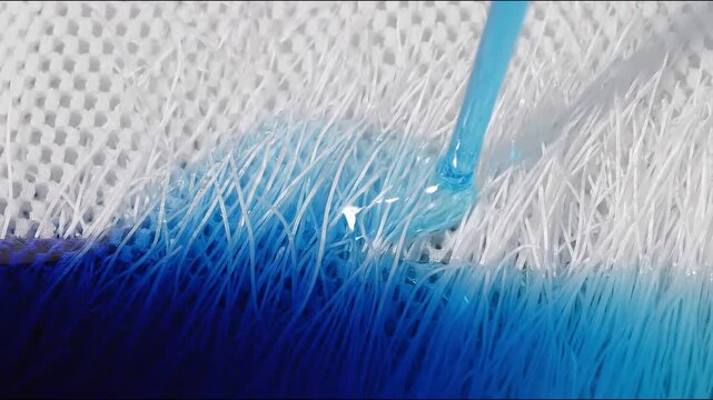 Close-up of white fibers absorbing vibrant blue liquid, macro shot, abstract texture