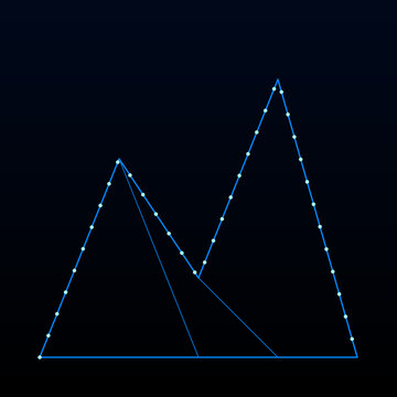 Minimalist blue line art mountain peaks featuring glowing white vertex points on black background illustration