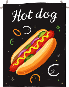  Cartel estilo pizarra con un hot dog cubierto de mostaza y salsa acompa&ntilde;ado de dibujos coloridos sobre fondo oscuro. Dise&ntilde;o apetitoso inspirado en comida r&aacute;pida callejera.
