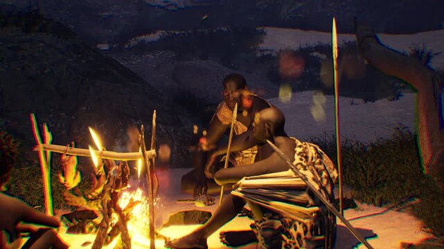 3D CGI Cinematic Human Evolution - Three Prehistoric Cavemen Cooking Meat over Campfire at Night, Archaic Early Humans Homo Erectus and Sapiens Tribe Stock Footage.