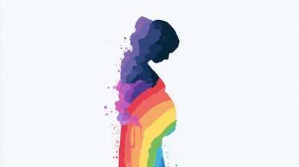 Fototapeta premium A silhouette of a pregnant figure with a rainbow from its belly symbolizes pregnancy after loss in warm colors against a bright background.