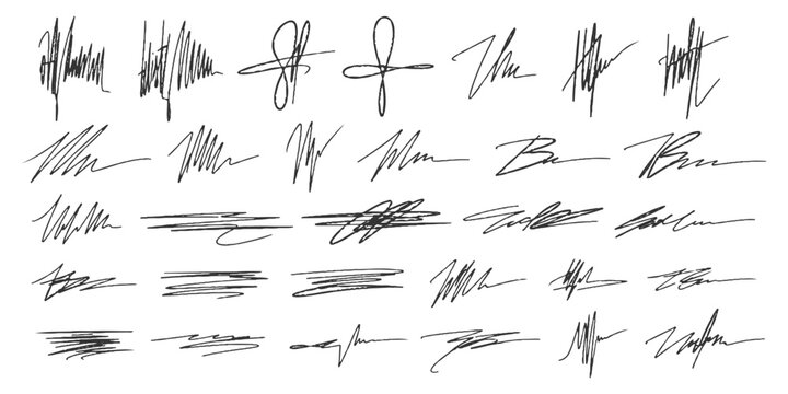 Collection of abstract handwritten signatures messy scribbles and dynamic line strokes text elements vector illustration.