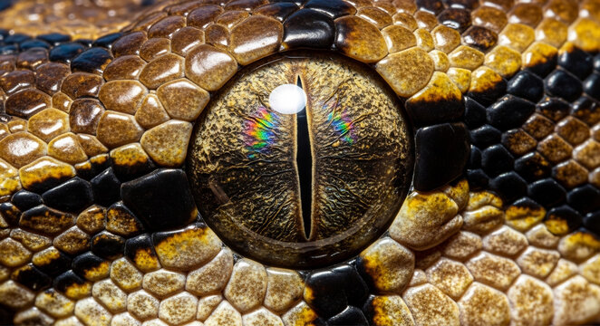 Extreme closeup of a snake eye with detailed scales and vertical pupil