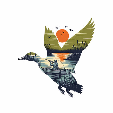 Duck hunting double exposure vintage illustration with hunter in boat at sunset