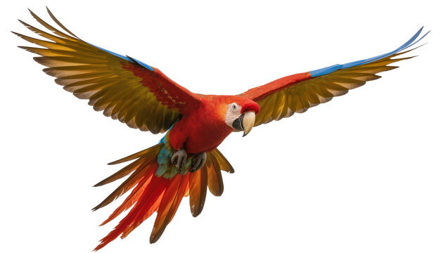 Scarlet macaw parrot with vibrant red yellow and blue wings, isolated on transparent background
