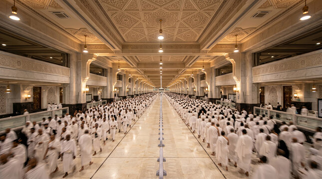 Thousands of Muslim pilgrims in white ihram perform the Sa'i ritual by walking along the grand marble corridor of Safa and Marwa inside the holy Grand Mosque in Mecca, Saudi Arabia.