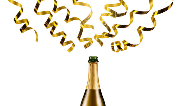 Golden champagne bottle with streamers exploding, isolated on transparent background