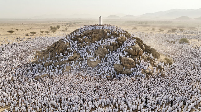 An aerial wide view of a massive crowd of Muslim pilgrims in white ihram gathering around the rocky slopes of Mount Arafat and the mercy pillar during the Hajj pilgrimage.