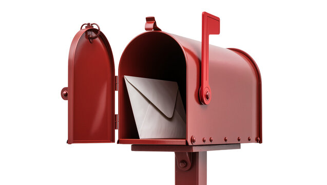 Red metal mailbox with open door and envelope inside, isolated on transparent background