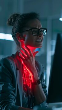 Office Worker Holding Sore Neck With 3D Cervical Spine Glow
