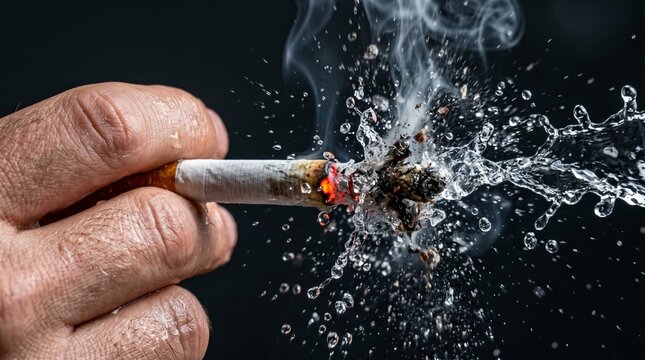 A hand holding a burning cigarette being extinguished by a splash of water, creating smoke and droplets.