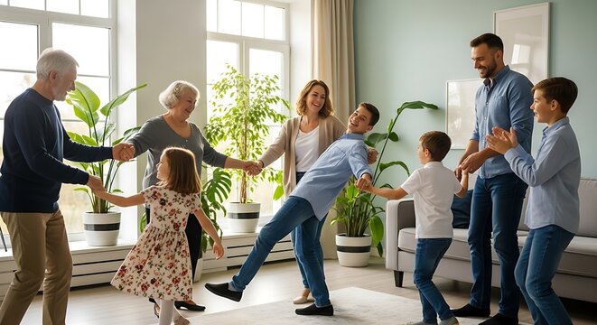 Three happy generations family common funny dance at home in new living room, congratulating, grandparent grandkid enjoying leisure time together, holiday gathering to play on special pleasant day