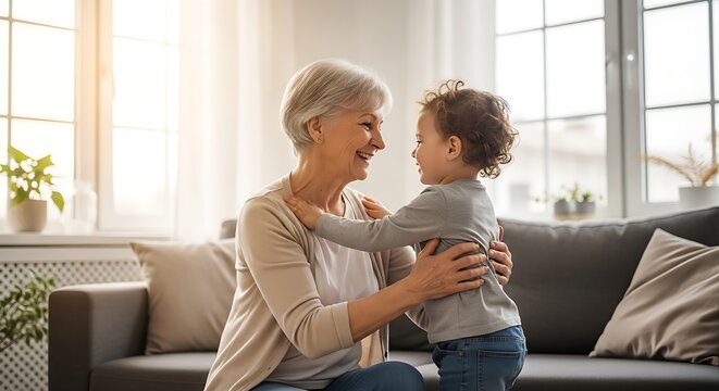 Love, kiss and grandmother with child in a living room for bonding, hug and playing in their home. Kissing, family and senior female enjoying retirement with grandchild, babysitting and hugging