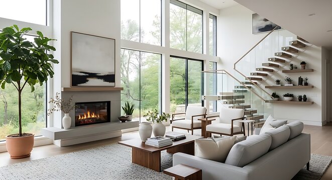 Luxurious modern living room interior. Spacious design includes large windows fireplace and staircase. Open concept space with natural light. White sofa. Home decor.