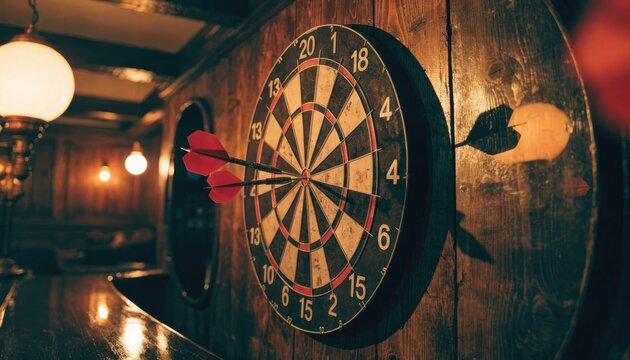 Dartboard with three darts stuck on wooden wall in dimly lit bar