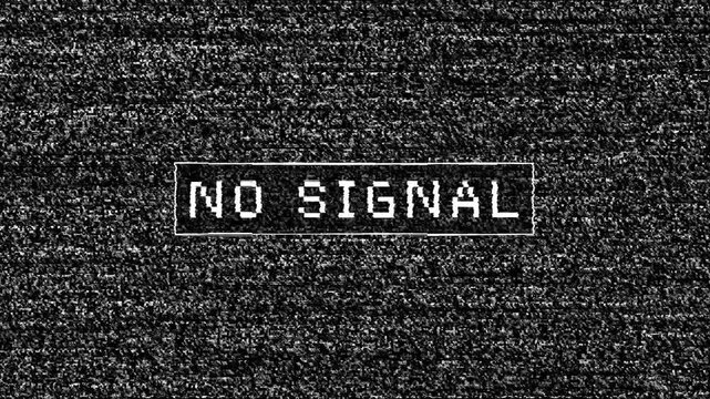 No Signal text on retro TV static background with analog glitch effect