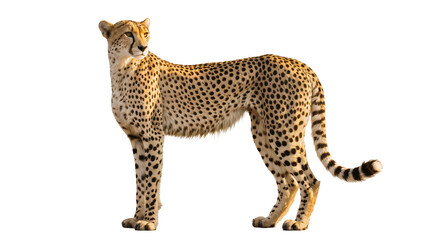 Spotted cheetah standing alert looking sideways, isolated on transparent background © Miguel