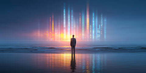 Fototapeta premium Executive Businessman Standing Between Competitive Red Ocean Markets And Innovative Blue Ocean Strategies