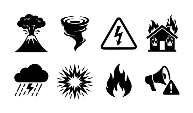 Catastrophe disaster silhouettes volcanic smoke whirlwind hazard vector illustration