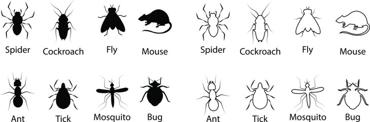 Pest control vector set collection group with insect rodent prohibition icons, bug mosquito rat cockroach symbol, no pest sign silhouette outline isolated design on transparent background. © Asia
