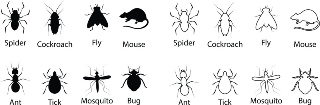 Pest control vector set collection group with insect rodent prohibition icons, bug mosquito rat cockroach symbol, no pest sign silhouette outline isolated design on transparent background.