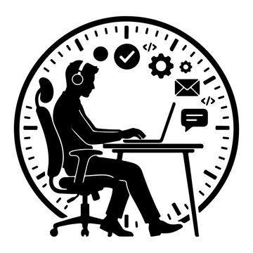 Elegant vector silhouette of a remote worker multitasking efficiently with a laptop inside a large minimalist clock face contour with task icons, isolated on a white background.