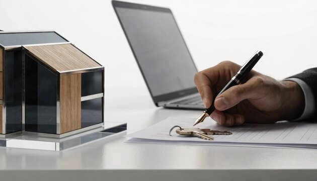 Hand signing document with house model and keys on desk person
