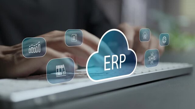 Cloud ERP business management system concept. Person typing keyboard with cloud database and enterprise software icons, resource planning, business automation and operational efficiency.
