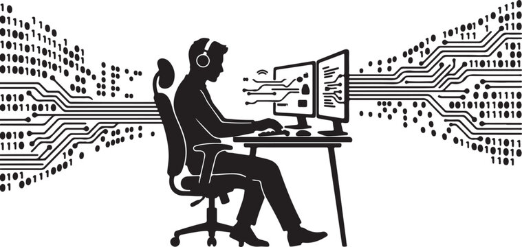 Sophisticated vector silhouette of a focused software programmer with headphones working on a dual-monitor desktop setup with cascading binary code and circuits, isolated on a white background.