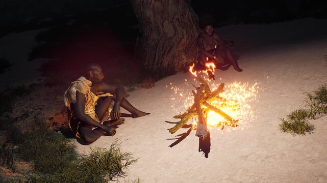 3D CGI Cinematic Human Evolution - Primitive Caveman and Woman Sitting by Campfire at Night, Archaic Early Humans Homo Erectus and Homo Sapiens Rest in Prehistoric African Savanna Stock Footage.