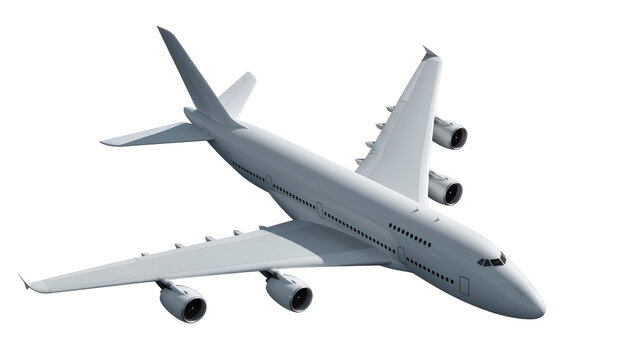 Modern white passenger jet airplane with four engines, isolated on transparent background